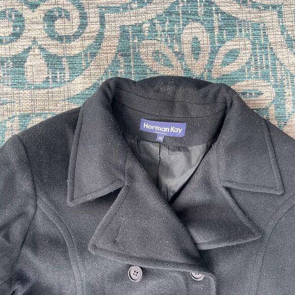 Herman Kay‎ Black Wool Blend Double-Breasted Peacoat - Size 14 - Picture 4 of 6